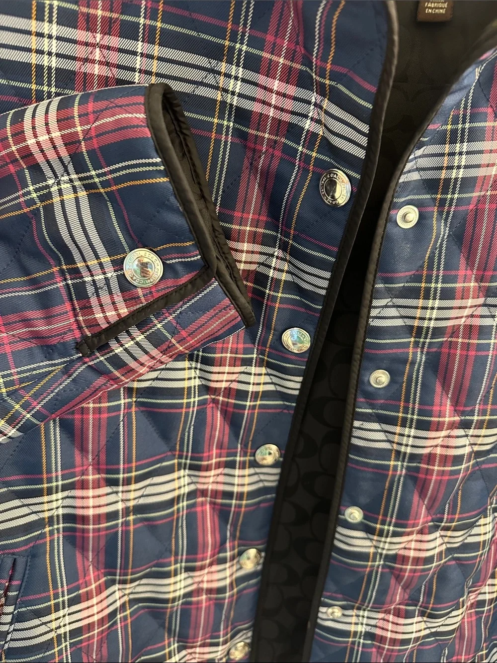Coach Plaid Quilted Snap Front Jacket in Navy and Pink SZ M